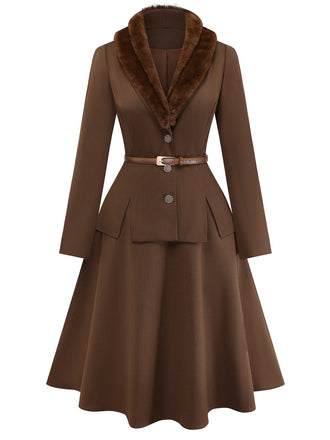 [Vorverkauf] 2PCS Braun 1940er Doppel Kunstpelz Kragen Jacke & A-Linien Rock