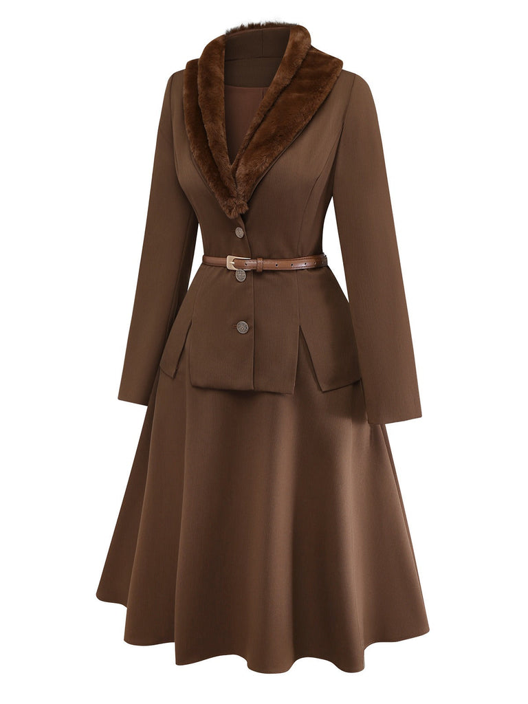 [Vorverkauf] 2PCS Braun 1940er Doppel Kunstpelz Kragen Jacke & A-Linien Rock