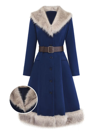 [Vorverkauf] Blau 1960er Faux Pelzgefüttert Gürtel Mantel