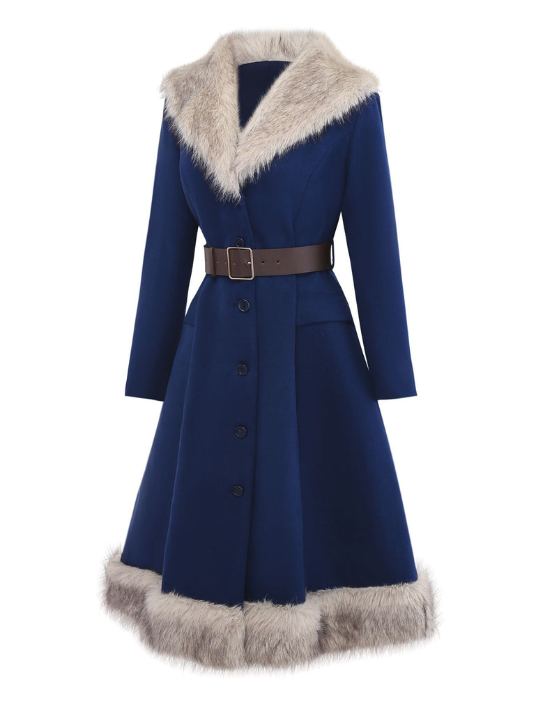 [Vorverkauf] Blau 1960er Faux Pelzgefüttert Gürtel Mantel