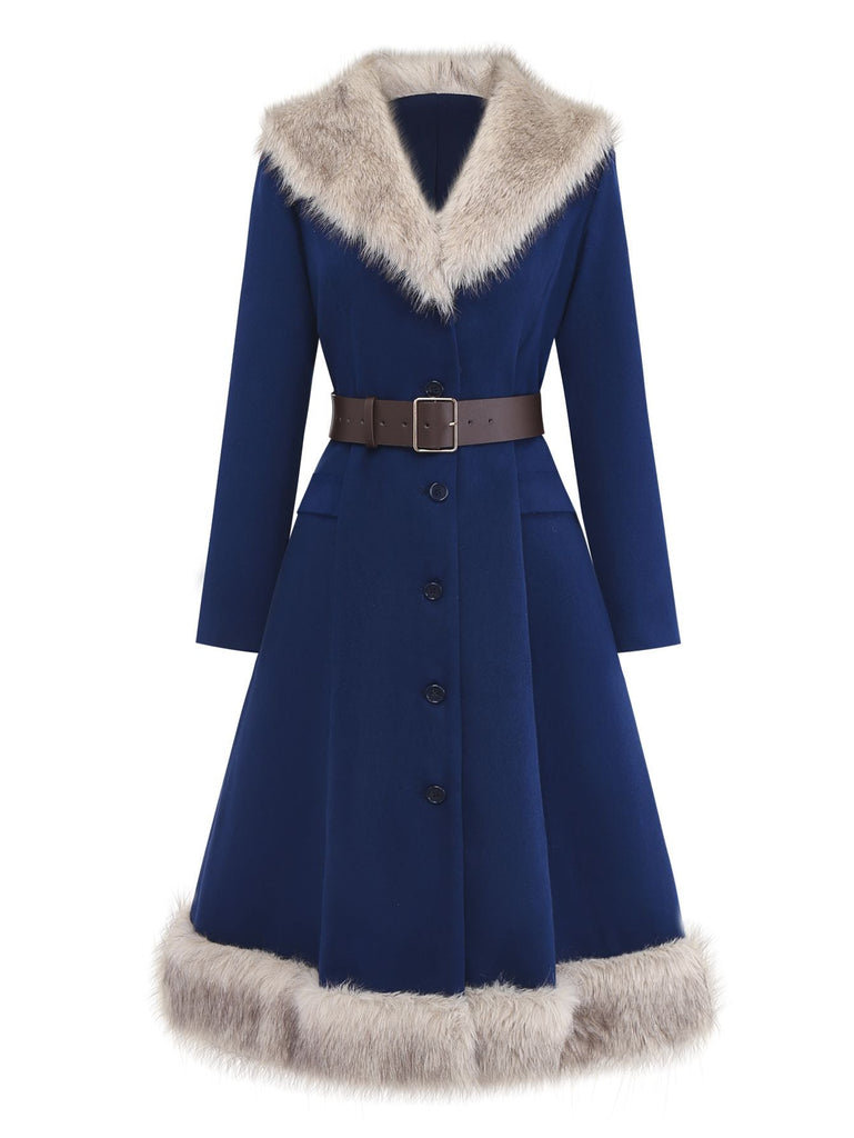 [Vorverkauf] Blau 1960er Faux Pelzgefüttert Gürtel Mantel