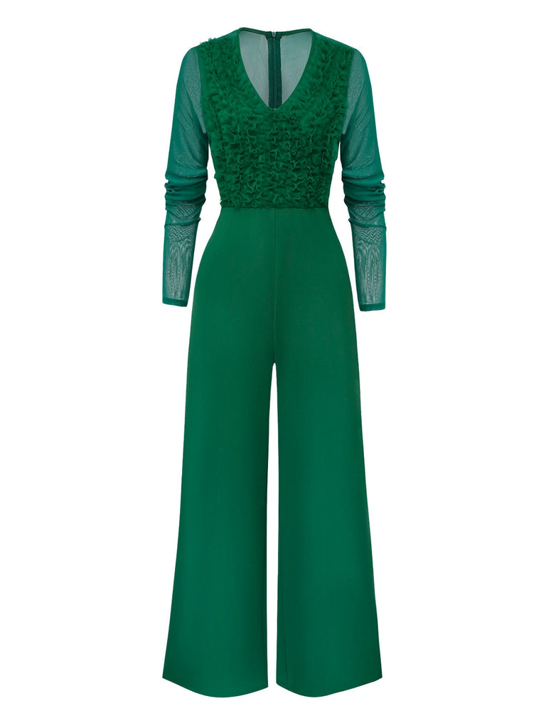 1950er Solide Tiefer V-Ausschnitt Rüschen Durchsichtige Ärmel Jumpsuit