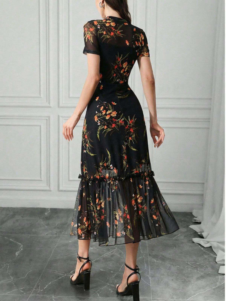 Schwarz 1930er Blumen Netz Rüsche Midi Kleid