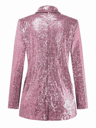 Rosa 70er Paillettenjacke mit Revers und langen Ärmeln