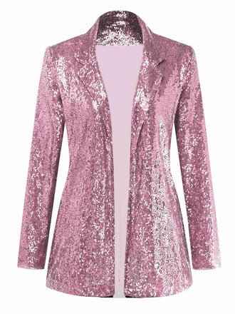Rosa 70er Paillettenjacke mit Revers und langen Ärmeln