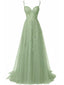 Grün 1930er Spaghetti Träger Spitze Tüll Maxi Kleid