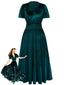 1930er Samt Solide Kurzarm Maxi Kleid