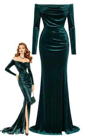 1930er Samt Schulterfrei Gerüschtes Seitenschlitz Kleid