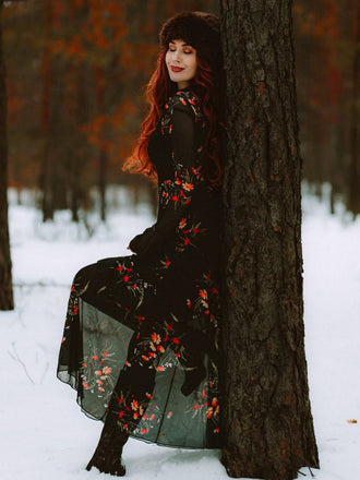 Schwarz 1930er Blumen Netz Rüschen Maxi Kleid