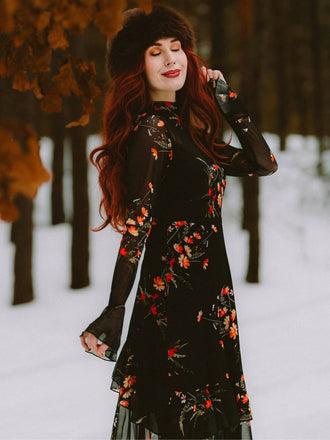 Schwarz 1930er Blumen Netz Rüschen Maxi Kleid