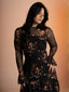Schwarz 1930er Blumen Netz Rüschen Maxi Kleid