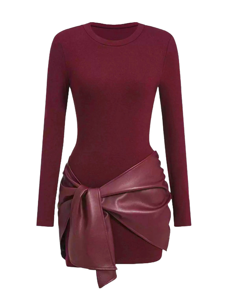 1980er Faux Leder Bogen Langarm Kleid