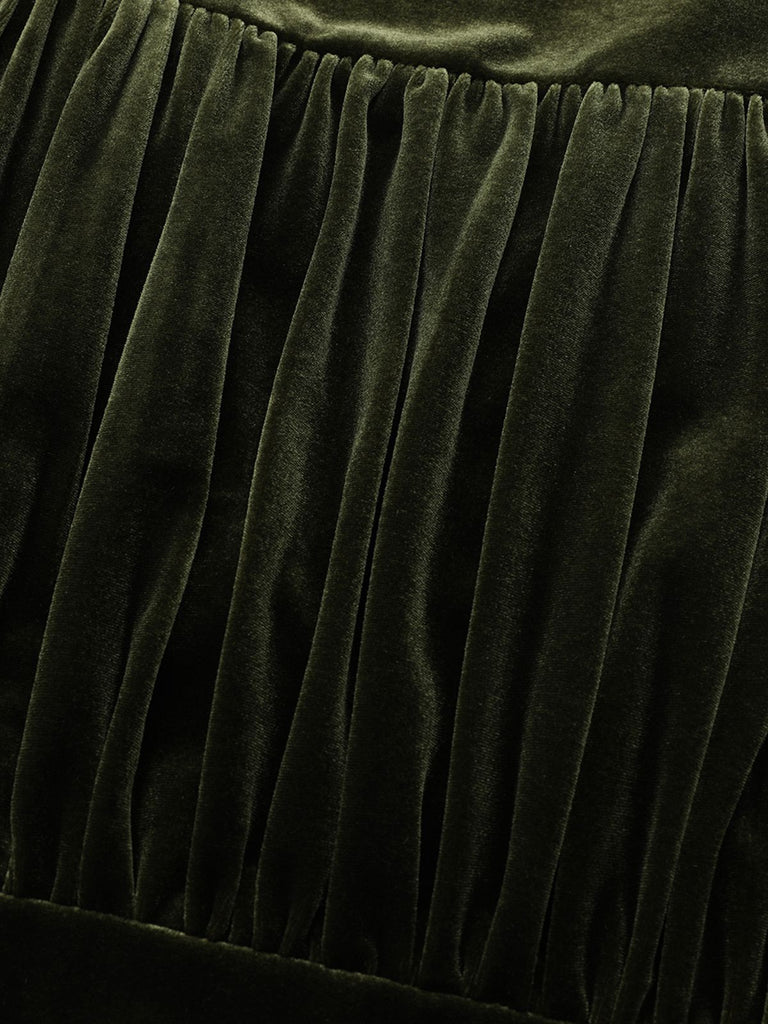 Grün 1940er Samt Tief-V Puffärmel Gerüschtes Kleid