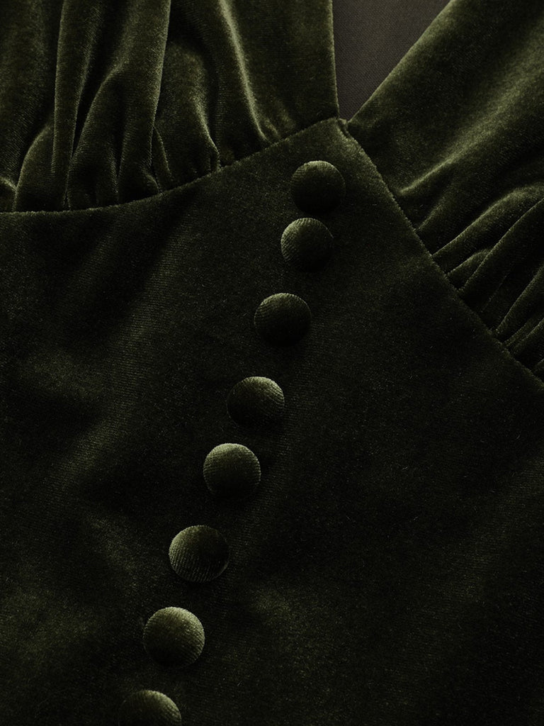 Grün 1940er Samt Tief-V Puffärmel Gerüschtes Kleid
