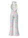 Metallisch 1980er Leopard Halter Tief-V Rückenfrei Jumpsuit