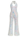 Metallisch 1980er Leopard Halter Tief-V Rückenfrei Jumpsuit