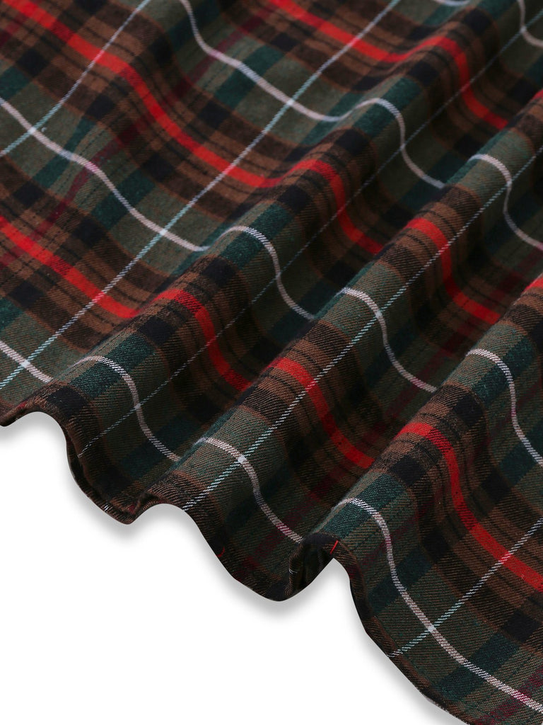 Grün 1930er Plaid Spitze Patchwork V-Ausschnitt Kleid