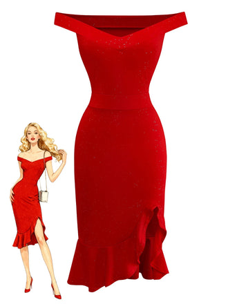 Rot 1930er Schulterfrei Schimmernd Meerjungfrauen Kleid