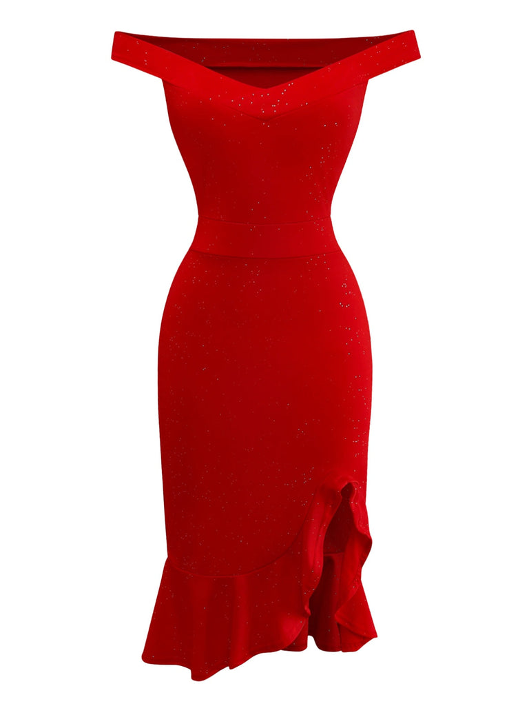 Rot 1930er Schulterfrei Schimmernd Meerjungfrauen Kleid