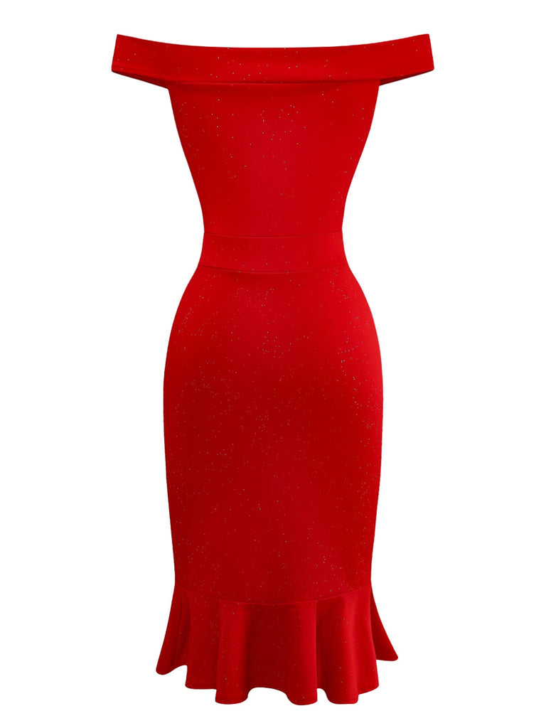 Rot 1930er Schulterfrei Schimmernd Meerjungfrauen Kleid