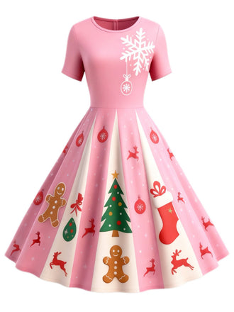 Rosa 1950er Weihnachten Schneeflocke Swing Kleid