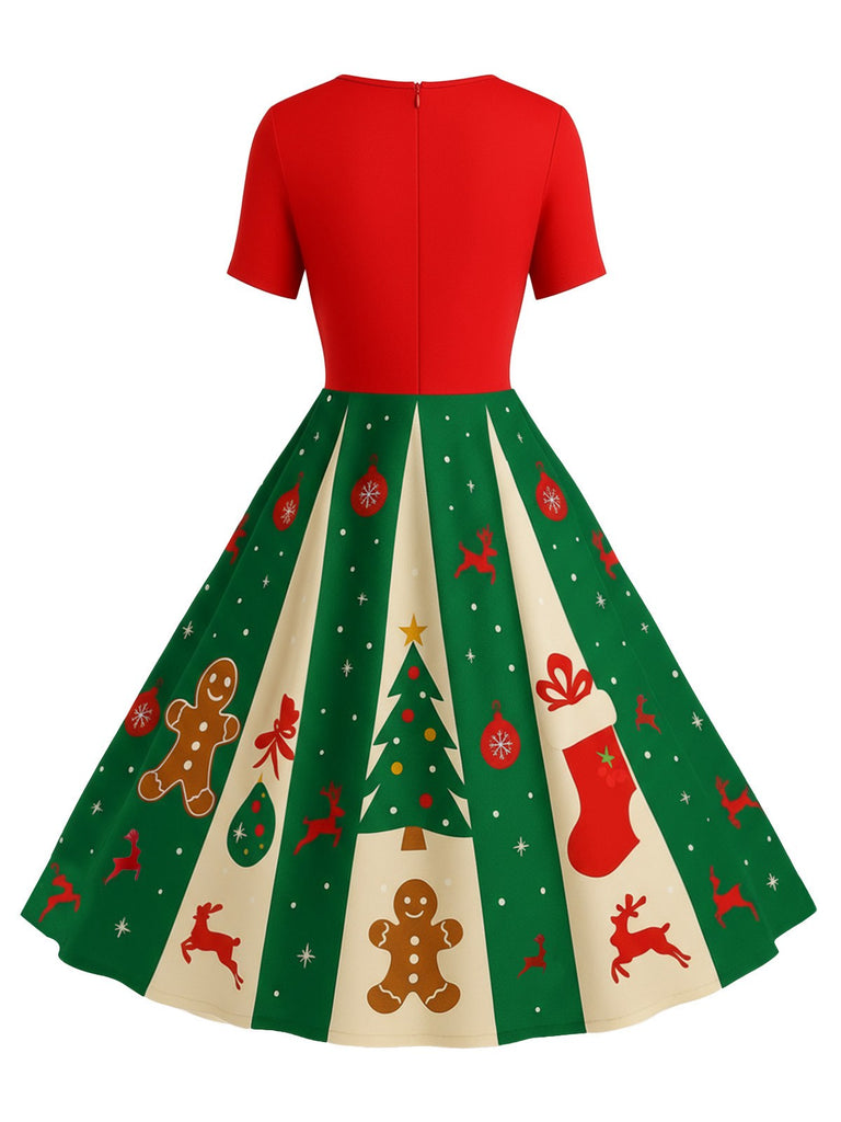 Rot & Grün 1950er Weihnachten Schneeflocke Swing Kleid
