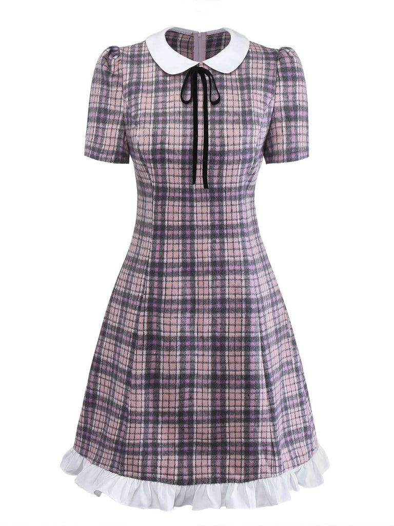 [Vorverkauf] Rosa 1960er Peter Pan Kragen Kariert Rüschen Saum Kleid