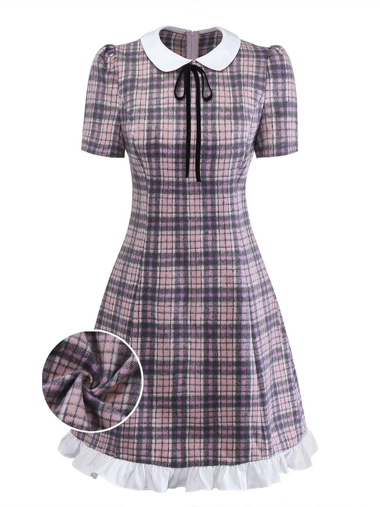 [Vorverkauf] Rosa 1960er Peter Pan Kragen Kariert Rüschen Saum Kleid