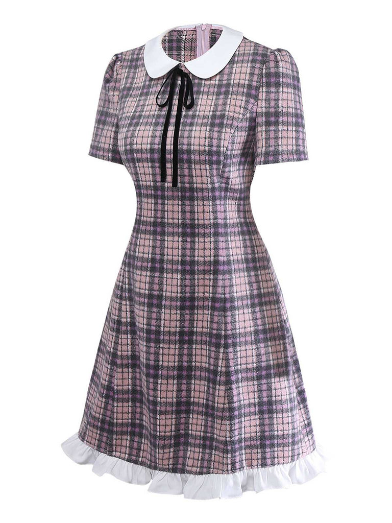 [Vorverkauf] Rosa 1960er Peter Pan Kragen Kariert Rüschen Saum Kleid