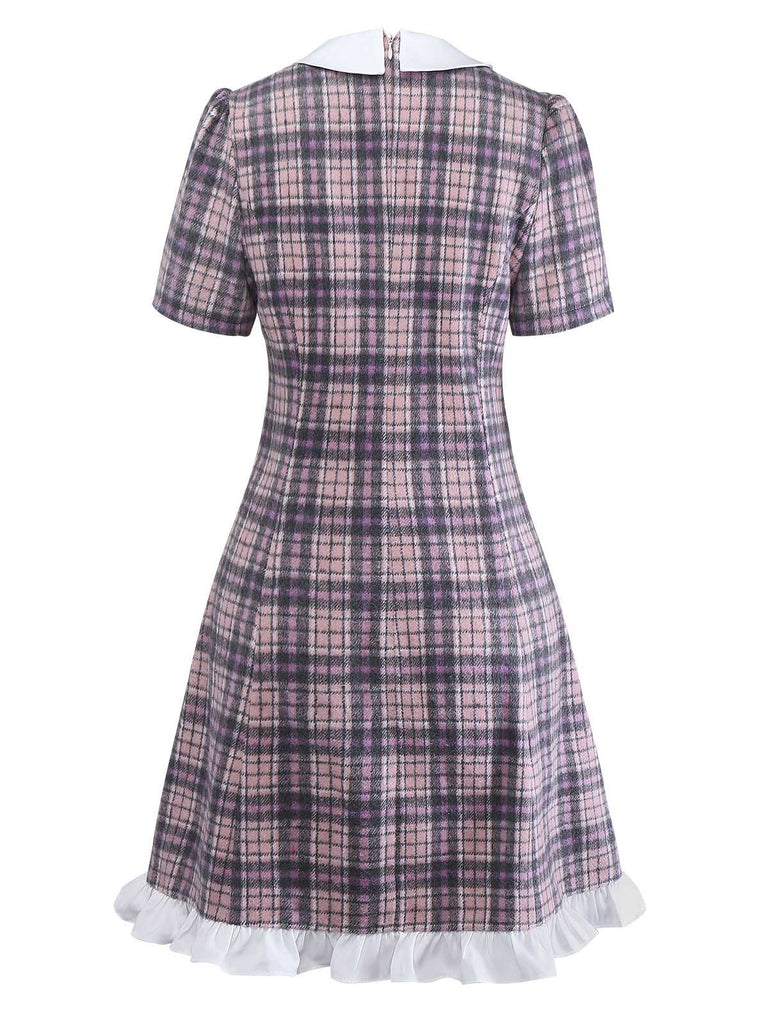 [Vorverkauf] Rosa 1960er Peter Pan Kragen Kariert Rüschen Saum Kleid