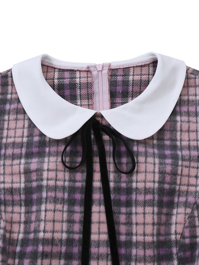 [Vorverkauf] Rosa 1960er Peter Pan Kragen Kariert Rüschen Saum Kleid