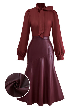 [Vorverkauf] Weinrot 1940er Binde Hals Leder Patchwork Kleid