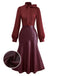 [Vorverkauf] Weinrot 1940er Binde Hals Leder Patchwork Kleid
