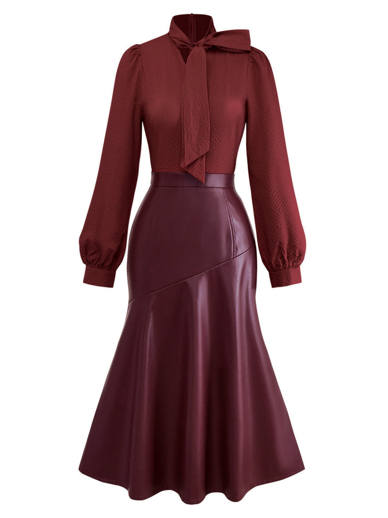 [Vorverkauf] Weinrot 1940er Binde Hals Leder Patchwork Kleid