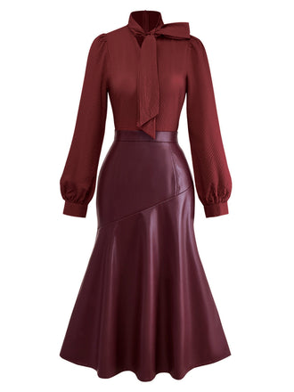 [Vorverkauf] Weinrot 1940er Binde Hals Leder Patchwork Kleid