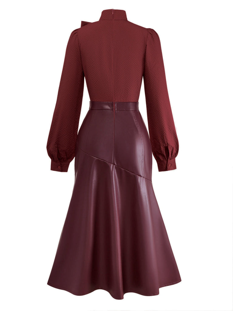 [Vorverkauf] Weinrot 1940er Binde Hals Leder Patchwork Kleid
