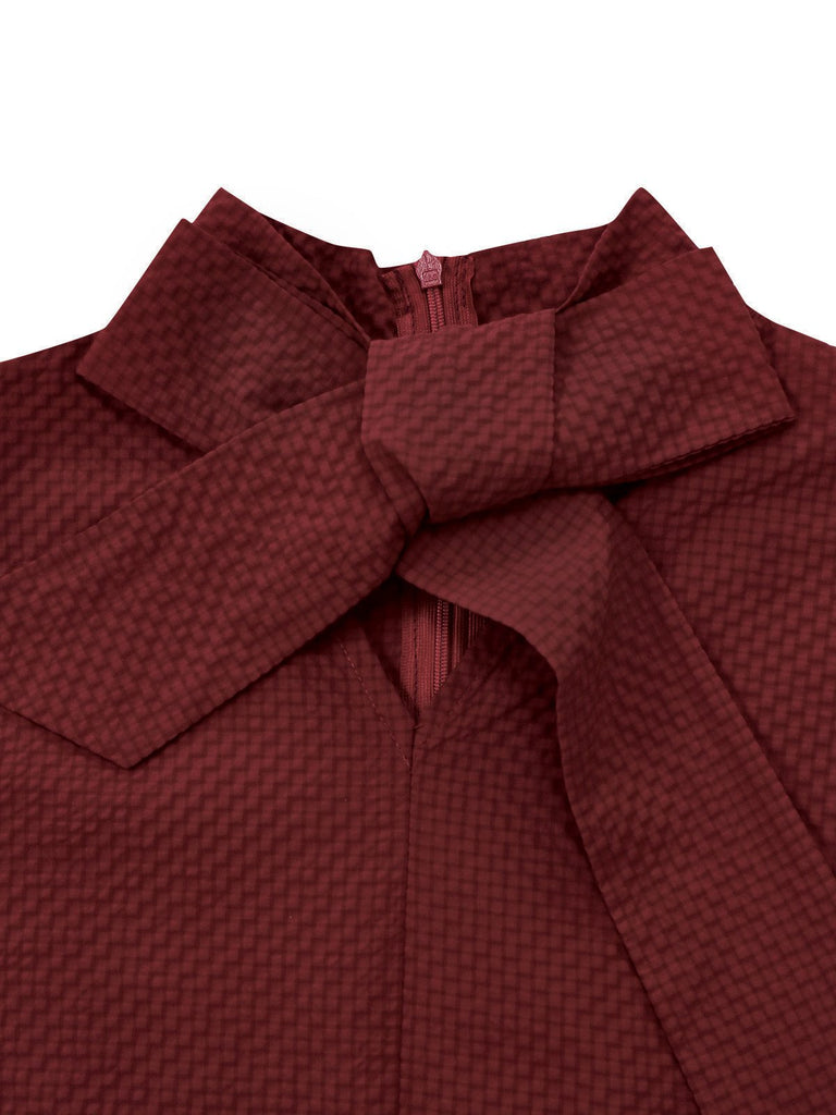 [Vorverkauf] Weinrot 1940er Binde Hals Leder Patchwork Kleid