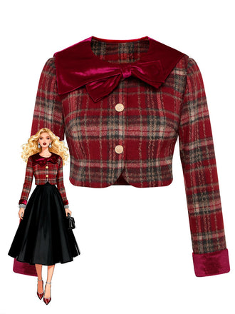 [Vorverkauf] Rot 1940er Flanell-Karo Samt Patchwork Jacke