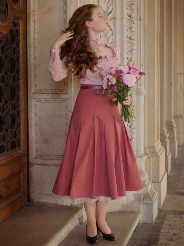 Rosa 1940er Baumwolle Schlüsselloch Rüschen Kleid