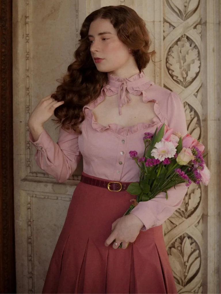 Rosa 1940er Baumwolle Schlüsselloch Rüschen Kleid