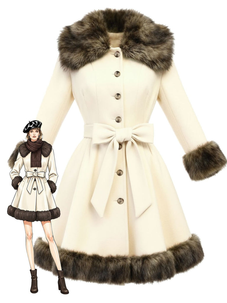 Cremeweiß 1950er Pelzkragen Patchwork Mantel