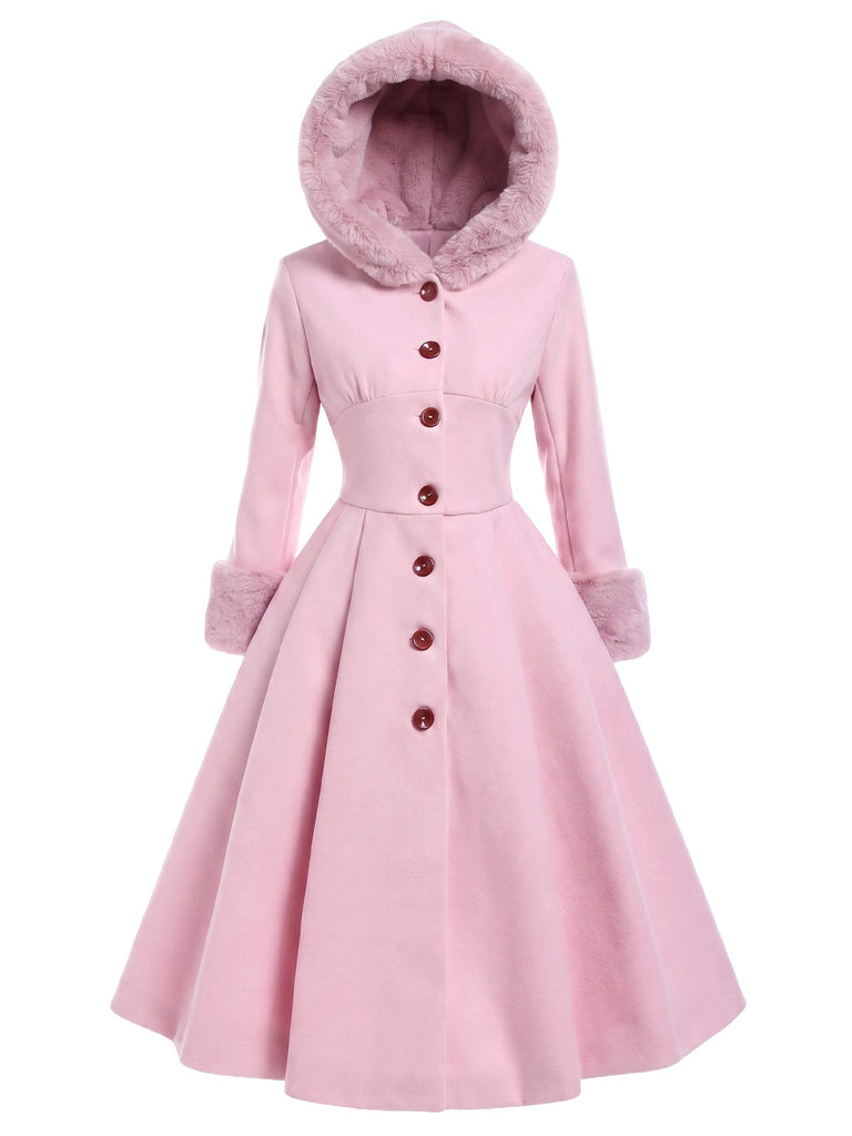 Rosa 1950er Faux-Wolle Hooded Taste Mantel