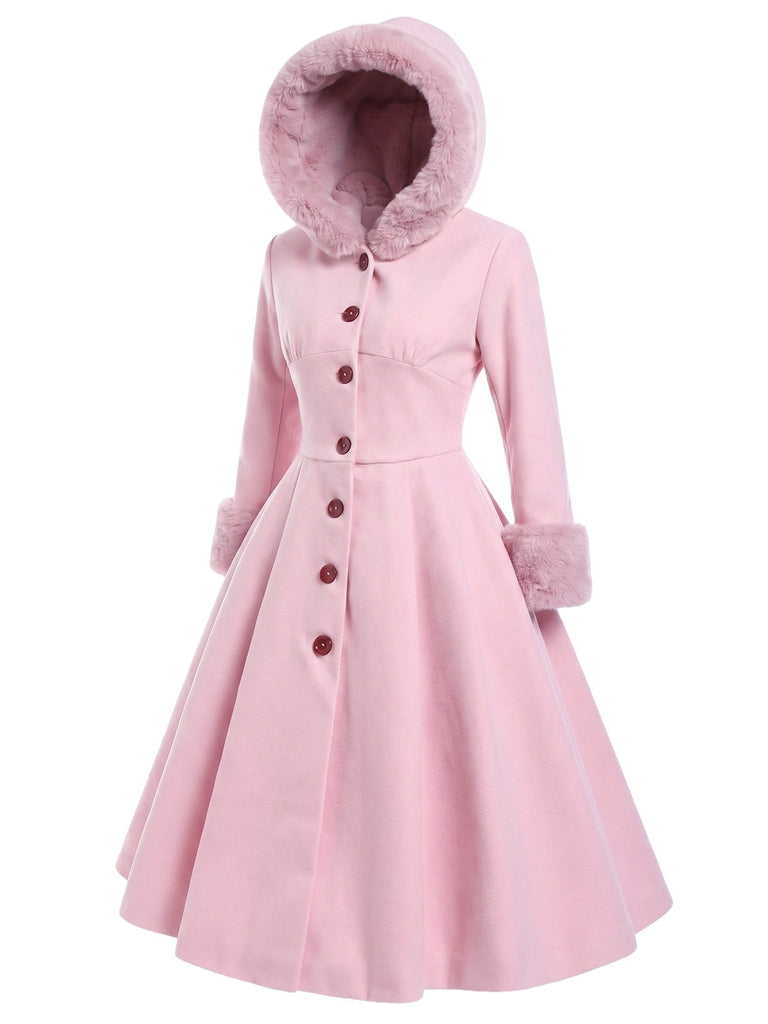 Rosa 1950er Faux-Wolle Hooded Taste Mantel