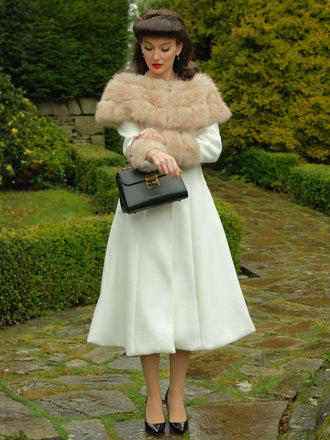 Cremeweiß 1950er Mehrschichtig Pelzkragen Mantel
