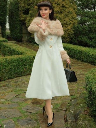 Cremeweiß 1950er Mehrschichtig Pelzkragen Mantel