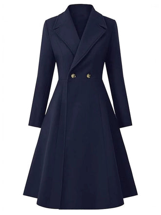 Dunkelblau 1950er Solide Kerbkragen Kleid Mantel