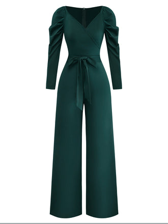 1930er Solide Gerüschtes V-Ausschnitt Gürtel Jumpsuit