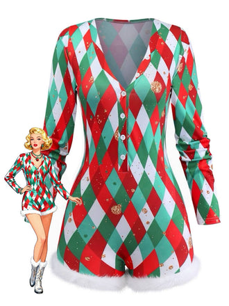 1970er Diamantgitter Weihnachten Plüschsaum Romper