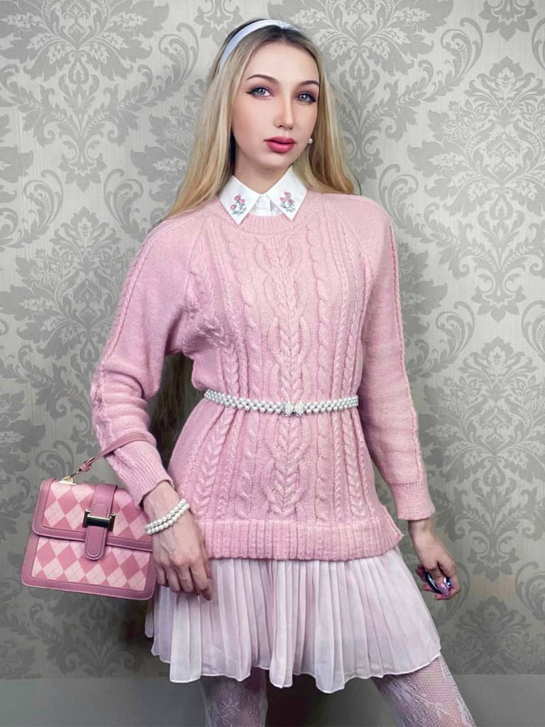 Rosa 1940er Solide Zopf Stricken Plissiertes Saum Pullover Kleid