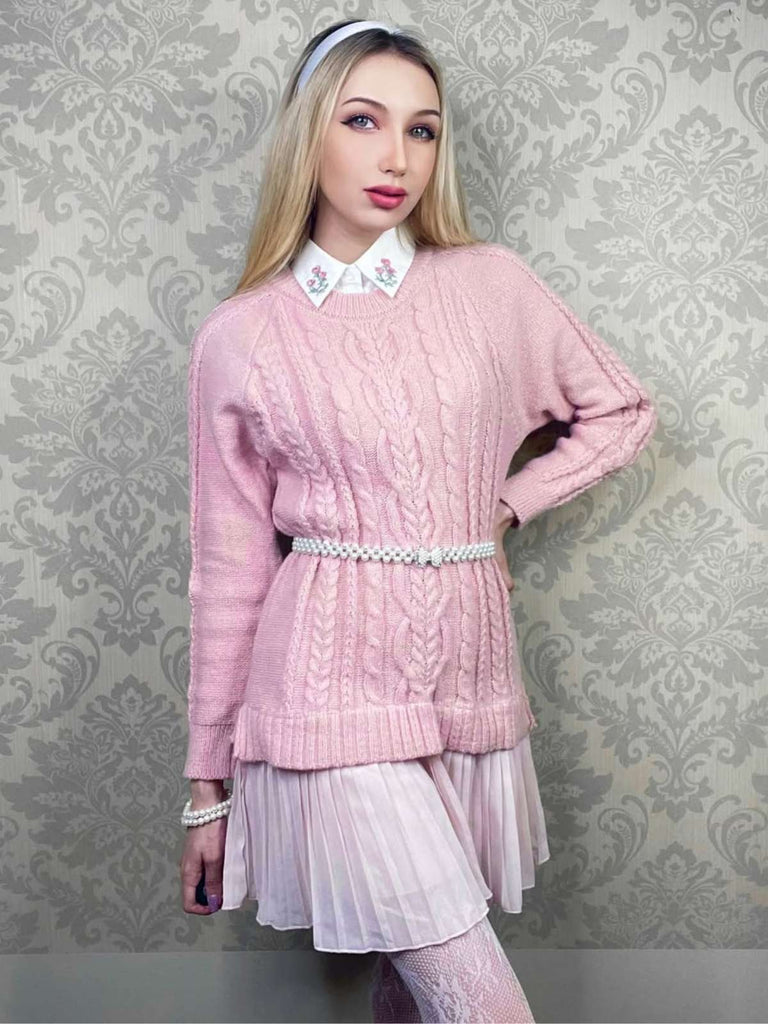 Rosa 1940er Solide Zopf Stricken Plissiertes Saum Pullover Kleid